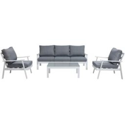 Pondecor Conjunto 4 piezas aluminio blanco con respaldo y asiento gris.