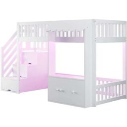 ComfortXL Cama alta infantil 90x200 cm con LED y escalera de almacenaje blanca