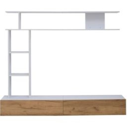 MODFU Mueble tv de pared con estante, de pie y colgante 180 cm, blanco+roble