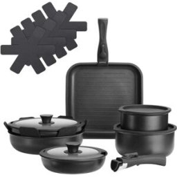Tectake Juego de ollas de 17 piezas, apto para inducción y lavavajillas, negro