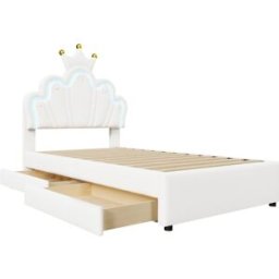 MODFU Cama infantil de cuero blanco 90 x 200 cm con 2 cajones y luces led