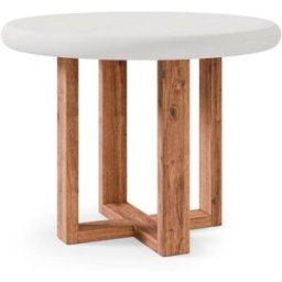 Koketto Home Mesa fija redonda tapa cemento blanco de 100cm y patas madera en roble