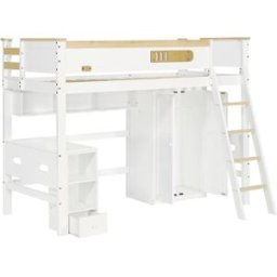 OKWISH Litera infantil blanca y natural de madera con armario 90x200 cm