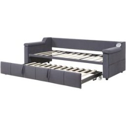 MODFU Cama infantil terciopelo gris claro 90x190 cm con cama nido y usb
