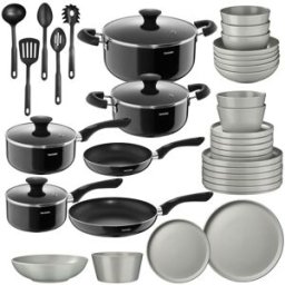 Tectake Juego de cocina, gres, aluminio, gris, negro, gris negro, gris/negro