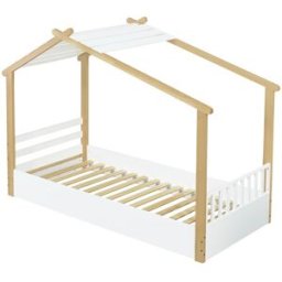 OKWISH Cama infantil blanca y natural de madera diseño casa 90x200 cm