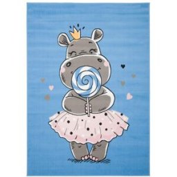 Tapiso Alfombra para niños azul rosa gris blanco hipopótamo fina 160 x 220 cm
