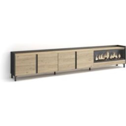 Skraut home Mueble tv efecto madera roble negro 315x35x61cm chimenea efecto fuego