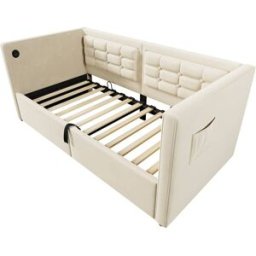 MODFU Cama infantil terciopelo beige 90x200 cm con espacio de almacenaje