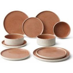 Sia Deco Juego de 16 piezas de vajilla de gres beige y blanco l28