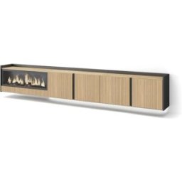 Skraut home Mueble tv efecto madera roble y negro 315x35x50 chimenea efecto fuego