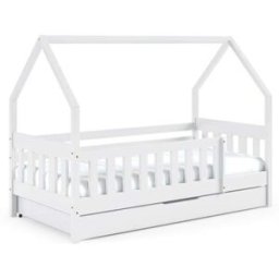 Furnlux Cama casita de madera maciza de pino color blanco 80x160