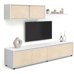 duehome Salón con mueble de tv y estantería 200 cm blanco microcemento beige