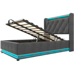 MODFU Cama infantil de lino gris con canapé de 90 x 200 cm y luces led