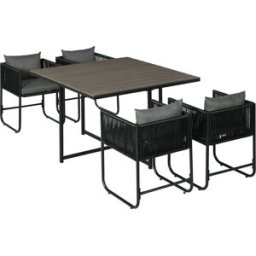 OKWISH Conjunto gris de ratán 5 piezas con mesa de comedor 110x110x75 cm