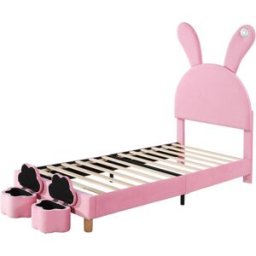 MODFU Cama infantil terciopelo rosa 90x200 cm con 2 taburetes con almacenaje