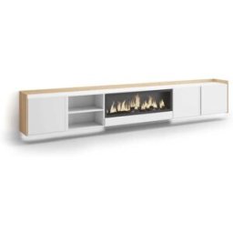 Skraut home Mueble tv efecto madera blanco roble 315x35x50cm chimenea efecto fuego