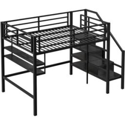 ComfortXL Cama alta infantil escalera almacenaje estantes negro 140x200 cm