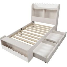 OKWISH Cama infantil blanca y roble claro de madera con almacenaje 90x200 cm