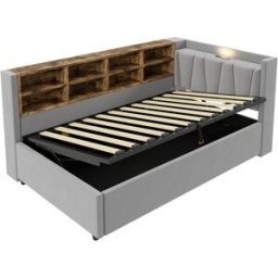 MODFU Cuna infantil terciopelo gris claro 90x200 cm con almacenaje y usb