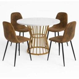 Urban Meuble Conjunto de mesa redonda de mármol blanco dorado con 4 sillas