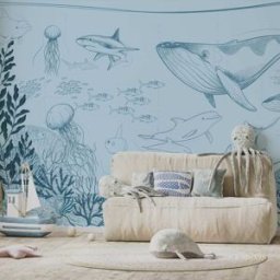 Acte Deco Papel pintado panorámico océano y animales marinos, azul 300