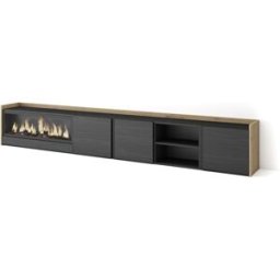 Skraut home Mueble tv efecto madera negro roble 315x35x50cm chimenea efecto fuego