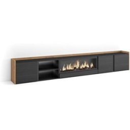 Skraut home Mueble tv efecto madera negro roble 315x35x50cm chimenea efecto fuego