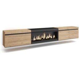 Skraut home Mueble tv efecto madera roble y negro 288x35x45 chimenea efecto fuego