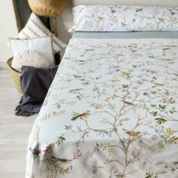 Alo Home Juego de sábanas 100% algodón 4 piezas blancas pájaros- cama 180 cm