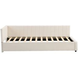 MODFU Cama infantil terciopelo beige 90x200 cm con somier de láminas