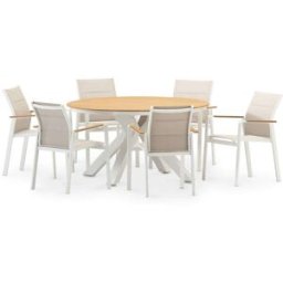 Defora Home Conjunto blanco mesa redonda y 6 sillas textileno