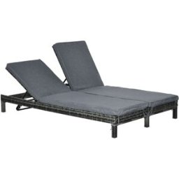 OKWISH Tumbona de jardín doble gris de ratán con respaldo ajustable