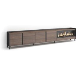 Skraut home Mueble tv efecto madera roble negro 315x35x61cm chimenea efecto fuego