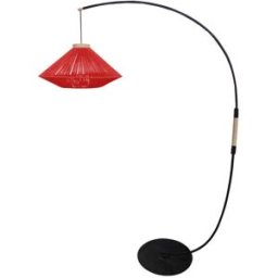 Tosel Lámpara de pie arco metal negro madera natural pantalla hilo rojo