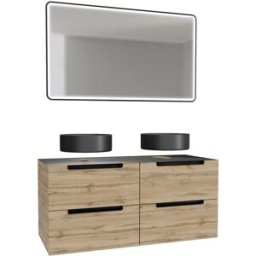 AURLANE Mueble de baño con 2 lavabos redondos y 1 espejo rectangular led negro