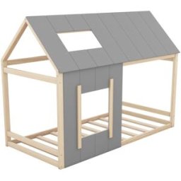 OKWISH Cama infantil natural y gris de pino diseño casa 90x200 cm