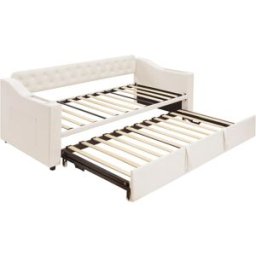 MODFU Cama infantil terciopelo beige 90x190 cm con cama nido y puerto usb