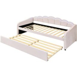 MODFU Cama infantil terciopelo beige 90x200 cm con cama nido 90x190 cm