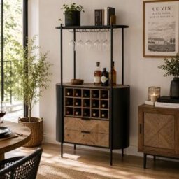 NIYLO Botellero de acero negro y madera de 90x36x150 cm 15 botellas