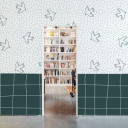 Acte Deco Papel pintado panorámico con zócalo y pájaro, verde 300 x 25