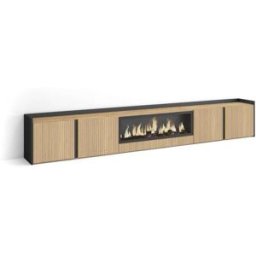 Skraut home Mueble tv efecto madera roble y negro 315x35x50 chimenea efecto fuego