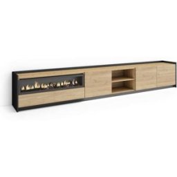 Skraut home Mueble tv efecto madera roble negro 310x37x50cm chimenea efecto fuego