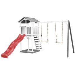 Axi Parque infantil con tobogán rojo, columpio doble, madera, blanco/gris