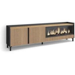 Skraut home Mueble tv efecto madera roble y negro 212x35x61 chimenea efecto fuego