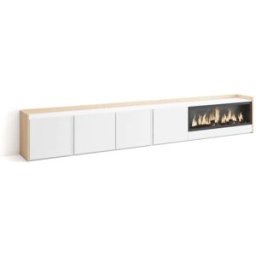 Skraut home Mueble tv efecto madera blanco roble 315x35x50cm chimenea efecto fuego