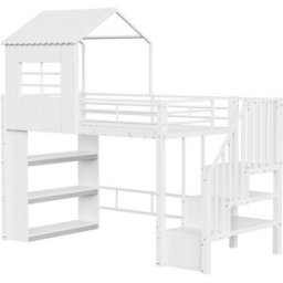 ComfortXL Cama alta diseño casa escalera almacenaje blanca 90x200 cm