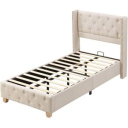 MODFU Cama infantil de lino beige 90x200 cm con somier y cabecero