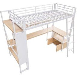 ComfortXL Cama alta 90x200 con escritorio USB LED almacenaje en acero blanco