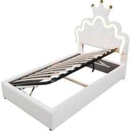 MODFU Cama con canapé de cuero blanco de 90 x 200 cm con luces led